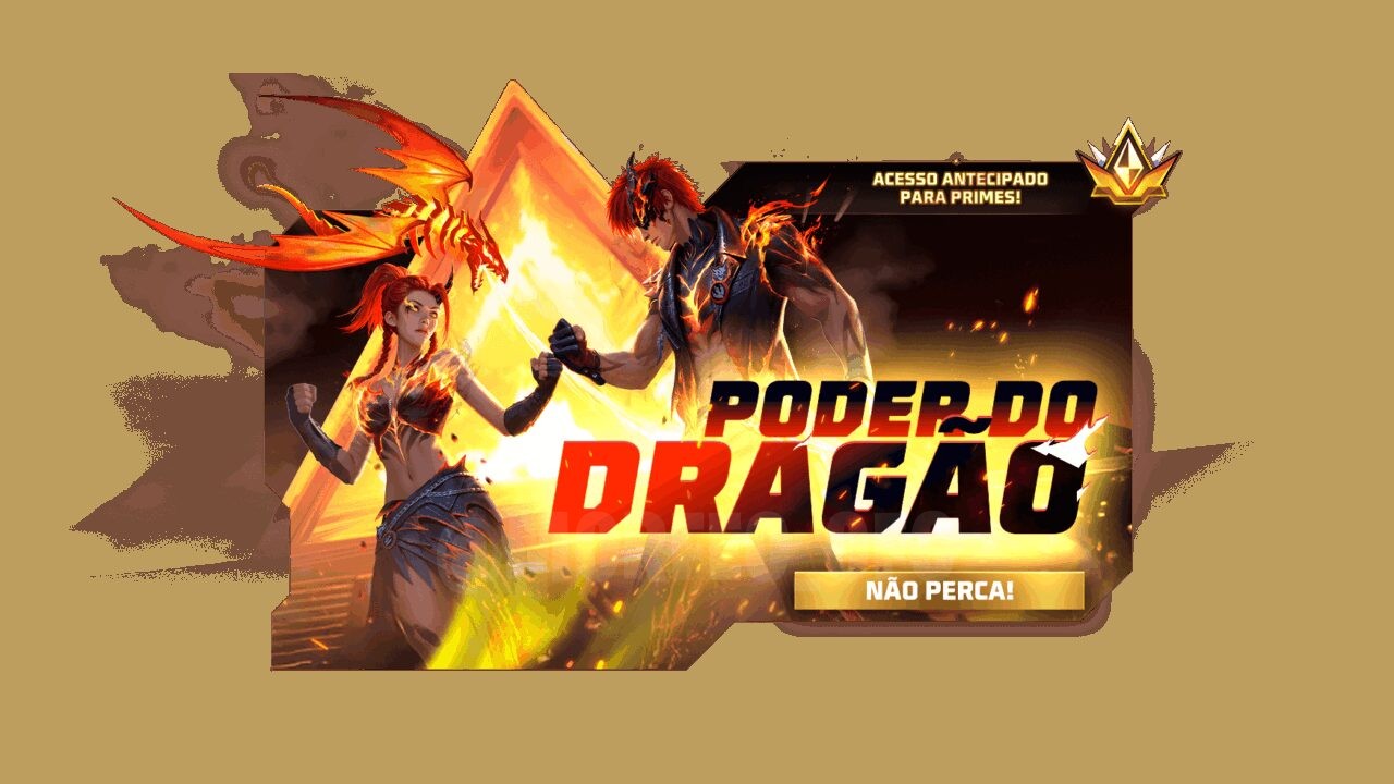 Imagem promocional do novo Token Royale no Free Fire, destacando os conjuntos exclusivos 'Fulgor do Dragão' e 'Cólera do Dr