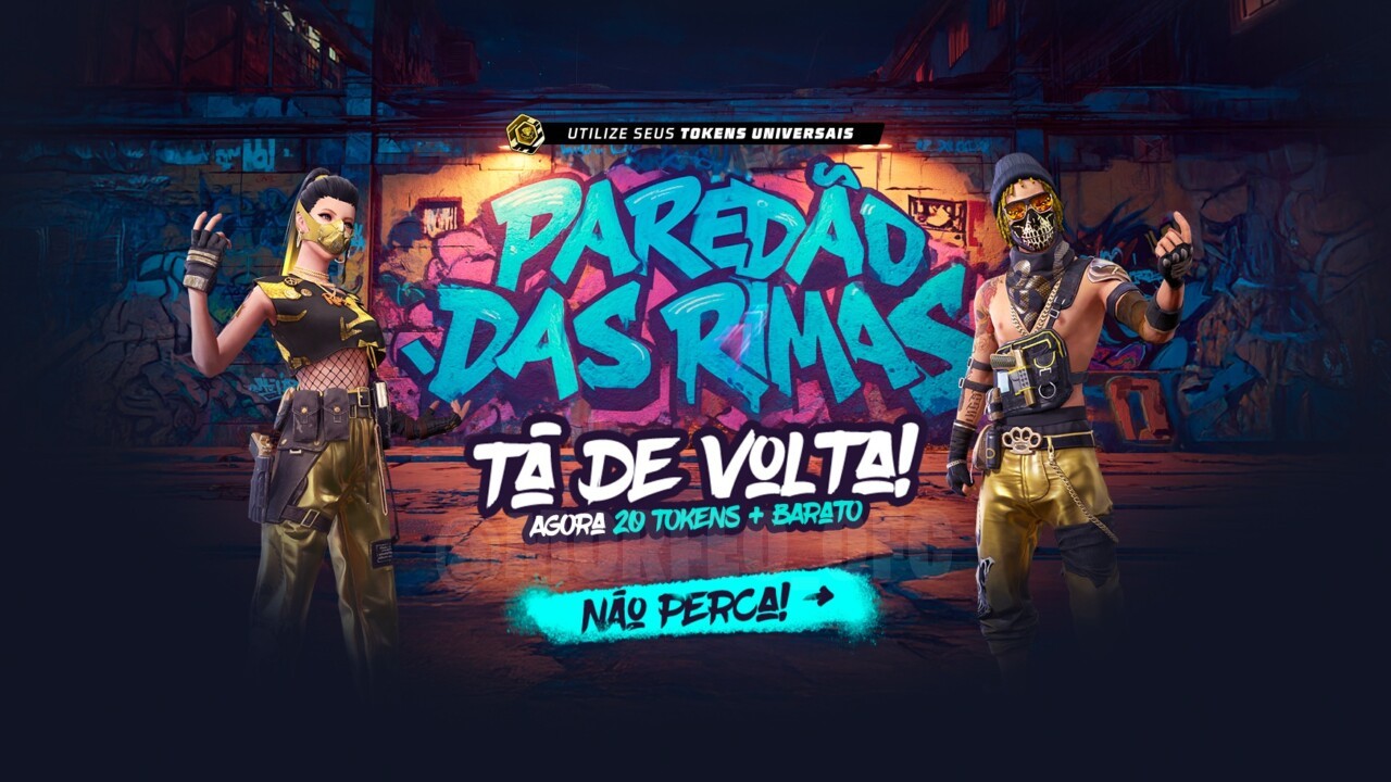 Imagem promocional do novo Token Royale no Free Fire, destacando como conseguir o Conjunto MC Gemadão e o Conjunto DJ Gemado