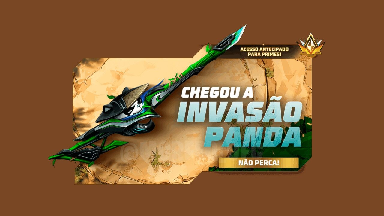 Imagem promocional do novo Token Royale no Free Fire, destacando como conseguir a skin de arma AWM Panda Guerreiro e a skin d