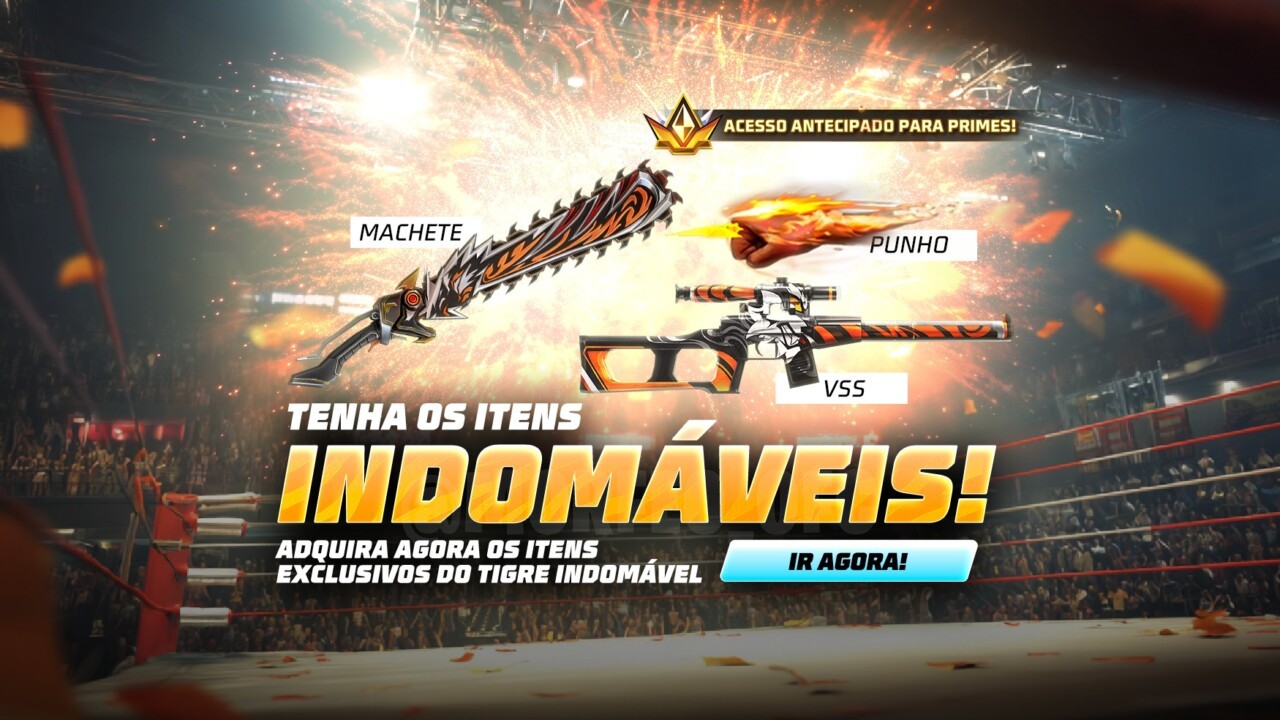 A imagem mostra a nova Torre de Tokens no Free Fire, um evento especial onde os jogadores podem coletar tokens. No centro da
