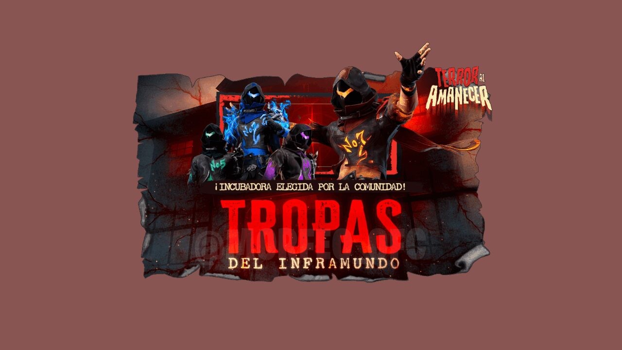 Imagem promocional da roleta de tokens em Free Fire, destacando os pacotes 'Guardia Infernal' e 'Guardia Glaciar'. No centro,