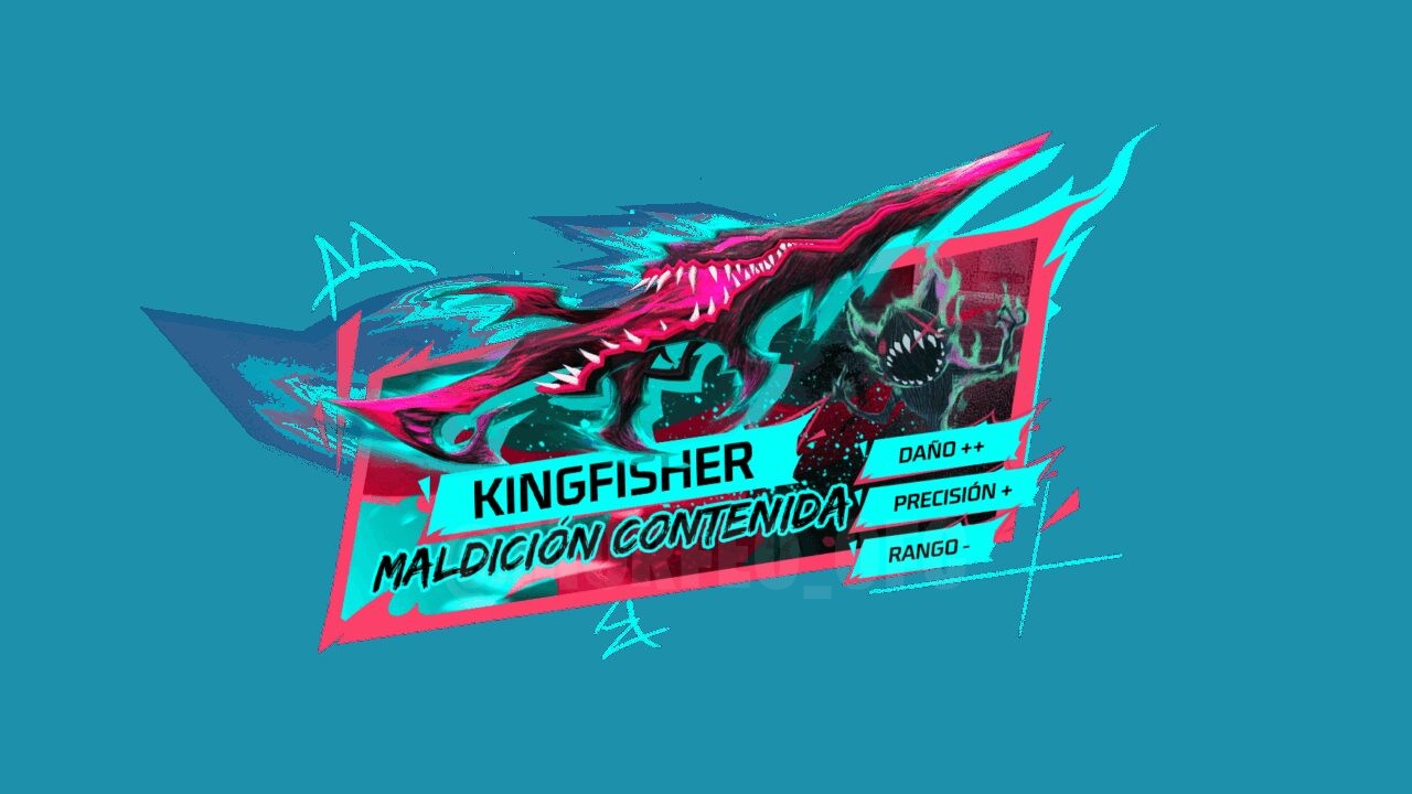 Imagem promocional da nova roleta de tokens em Free Fire. No centro, destaca-se a skin de arma Kingfisher, com um design eleg