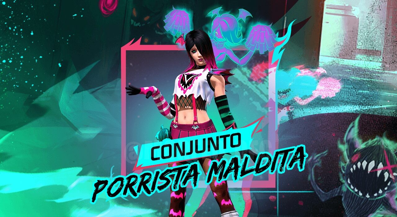 Imagem promocional da nova Roleta Mágica em Free Fire, destacando o Conjunto Porrista Maldita e a Skin de Arma Katana Criado