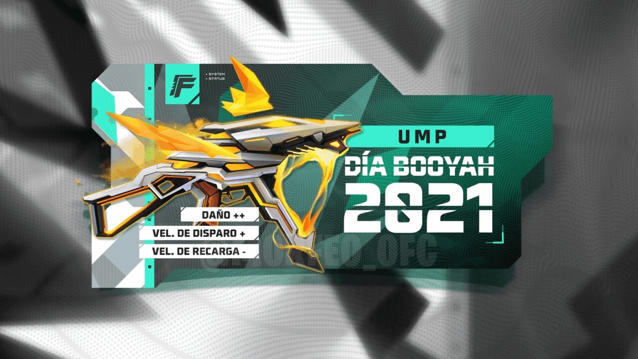 Imagem promocional do novo Faded Wheel em Free Fire, destacando a skin da UMP 'Booyah Day 2021' e a mochila 'Backpack Winged