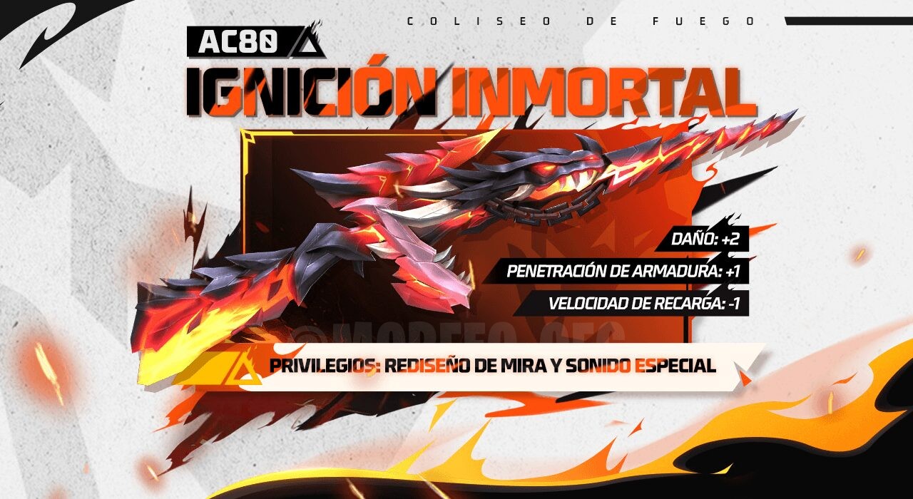 Imagem promocional do novo evento de ringue no Free Fire, destacando como obter a skin de arma AC80 Immortal Ignition e a ski