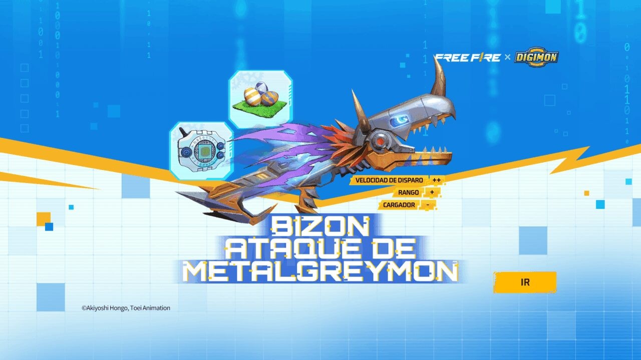 Imagem do evento de anel do Free Fire, destacando o prêmio principal: a skin de arma Bizon Metalgreymon Power, que apresenta