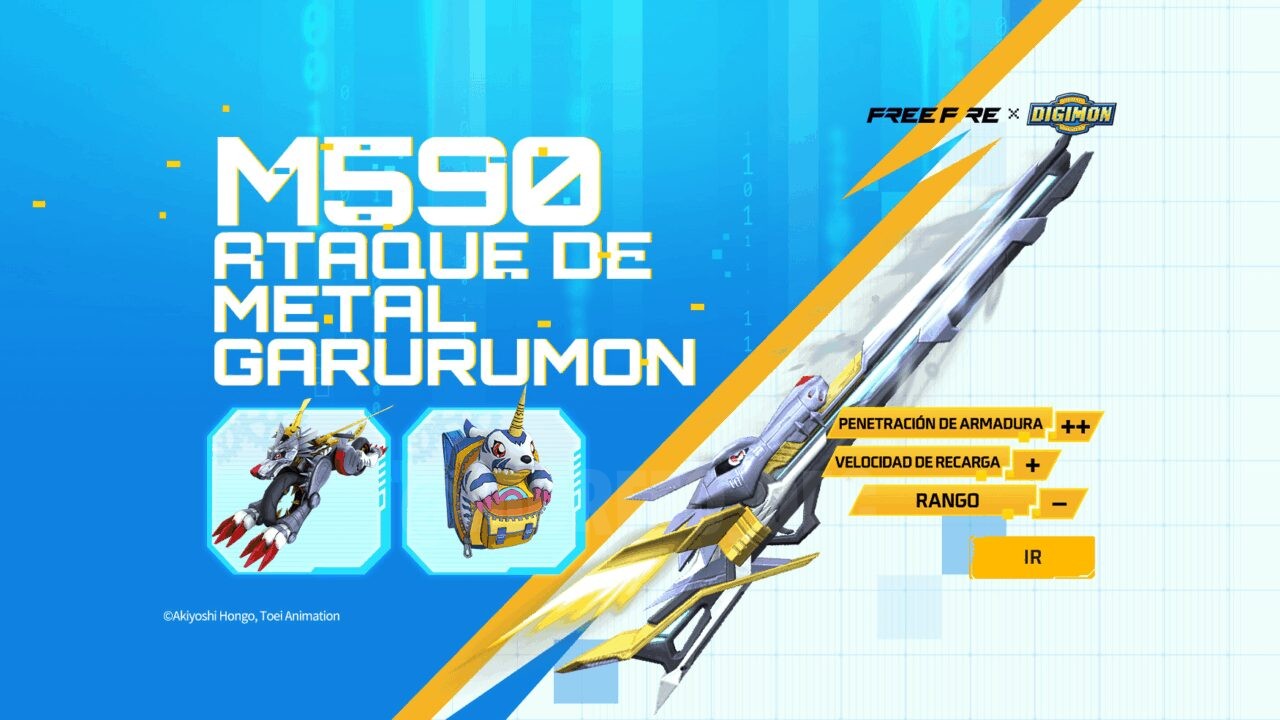 Esta imagem destaca o novo evento de anel no Free Fire, onde os jogadores podem obter a skin da arma M590 MetalGarurumon Powe