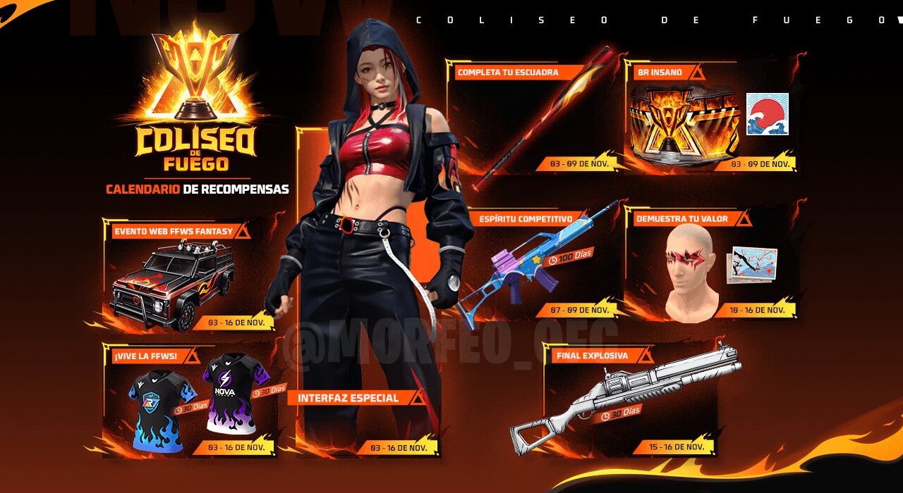 Imagem promocional do evento 'Vive La FFWS' no Free Fire, destacando a opção de escolha do avatar da equipe GF para o FFWS