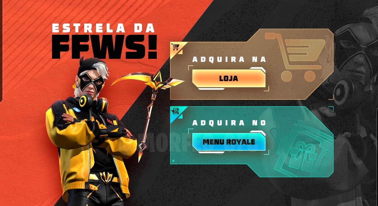 Imagem promocional do novo evento Escolha Royale no Free Fire, destacando o conjunto 'Estrela do FFWS' e a skin de arma 'Foic