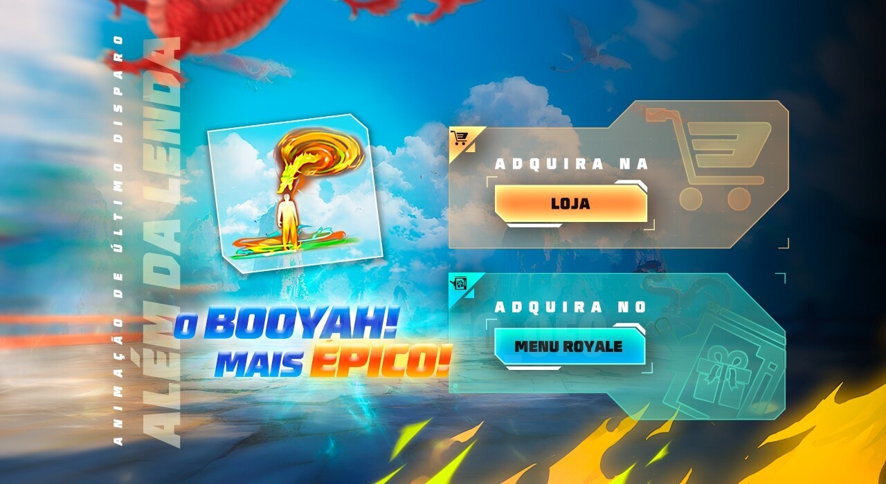 Imagem promocional do novo Escolha Royale no Free Fire, destacando como obter o Disparo Final da Parafal. A imagem mostra a i