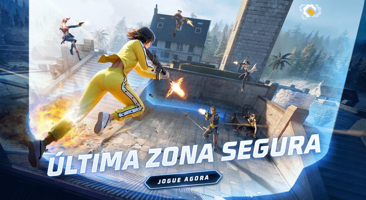 Imagem promocional do novo evento 'Escolha Royale' no Free Fire, destacando itens exclusivos disponíveis. No centro, a arma