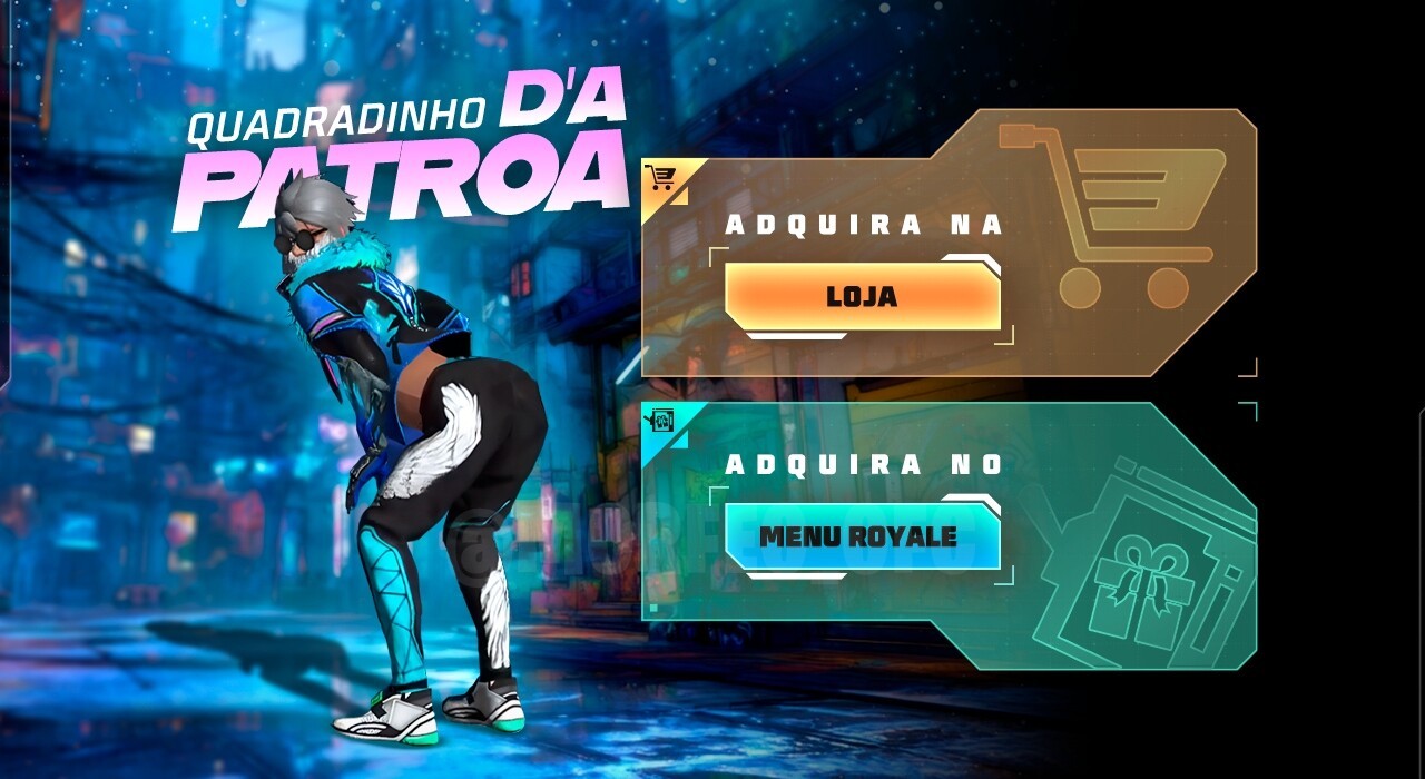 Imagem promocional do novo Escolha Royale no Free Fire, destacando como obter o emote 'Quadradinho d' A Patroa' e o personage