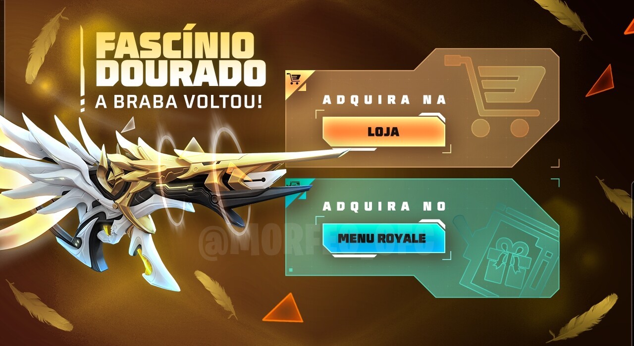 Imagem promocional do novo evento 'Escolha Royale' no Free Fire, destacando a skin de arma MP5 Fascínio Dourado. A skin apre