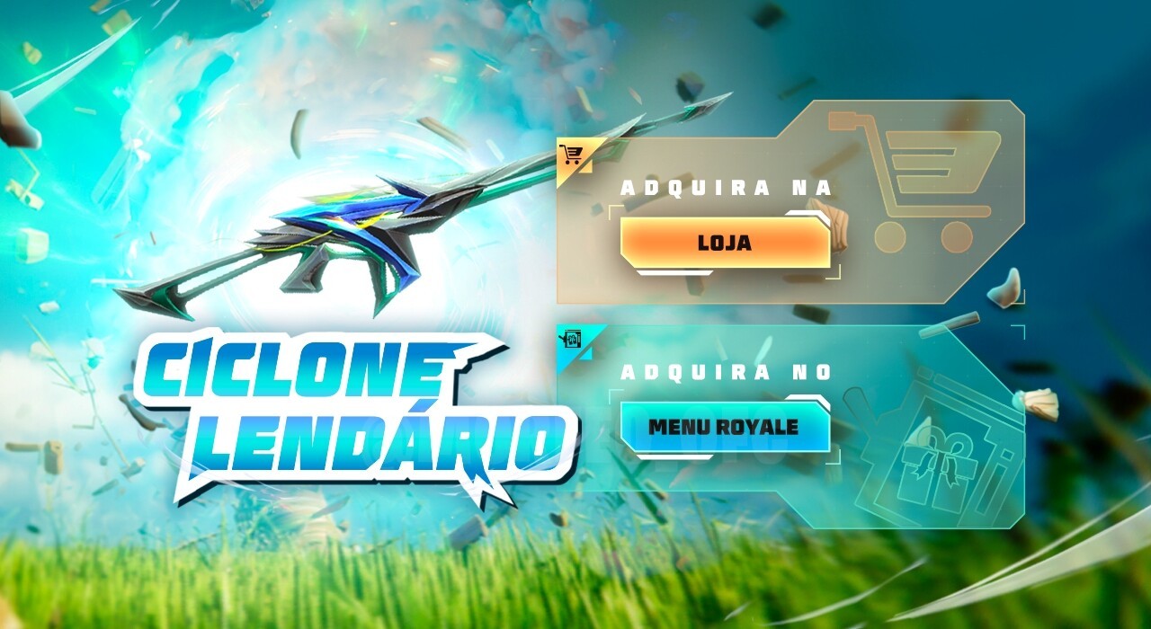 Imagem do evento 'Escolha Royale' no Free Fire, destacando duas skins de armas exclusivas: a Parafal Ciclone Lendário e a Fo