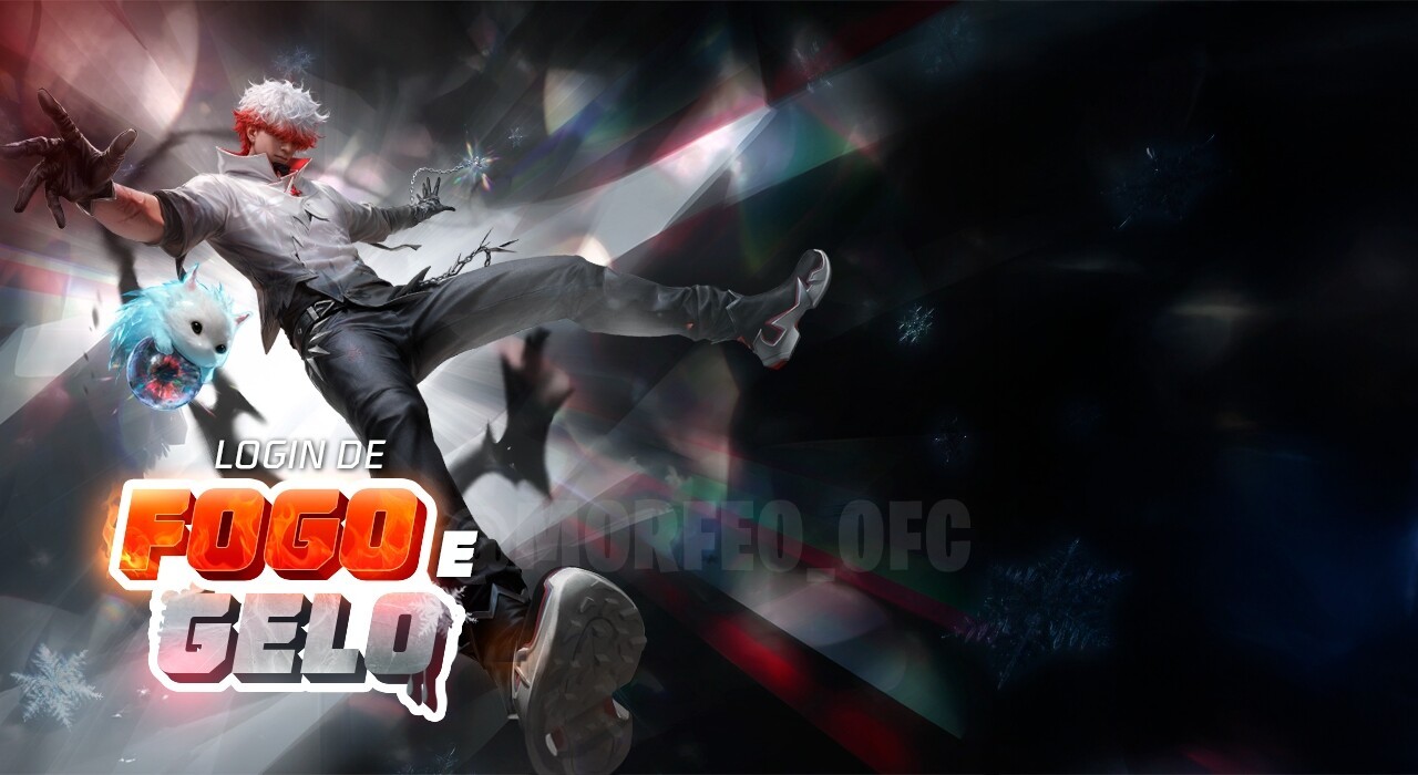 A imagem destaca o novo evento 'Login de Fogo e Gelo' no Free Fire. No centro, vemos um personagem em destaque com elementos