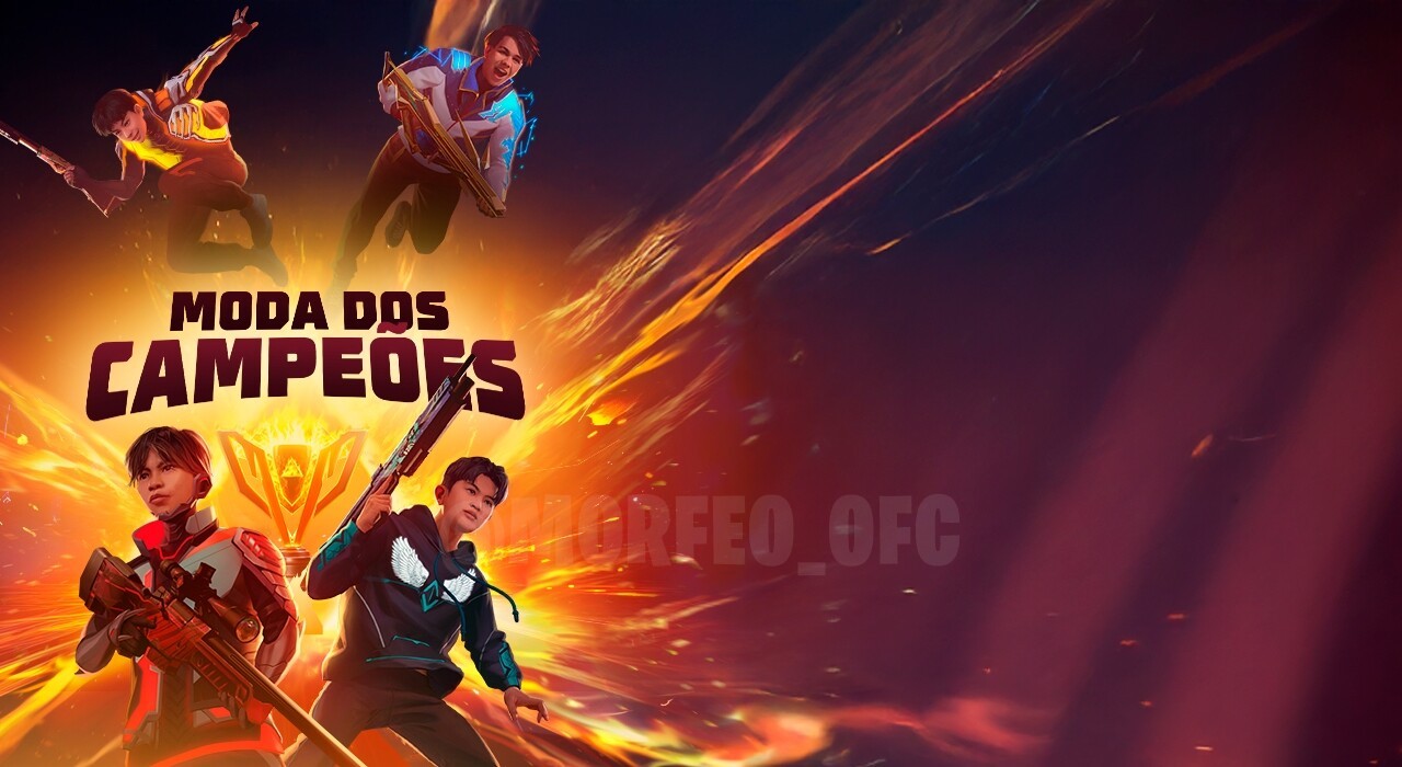 Imagem promocional do evento 'Na Moda dos Campeões' no Free Fire, destacando um paraquedas temático chamado 'Paraquedas Mon