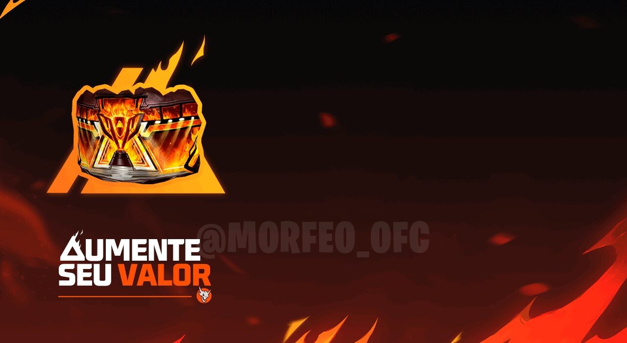 A imagem promove um novo evento no Free Fire intitulado 'Aumente seu Valor'. No centro, há um personagem do jogo com uma exp