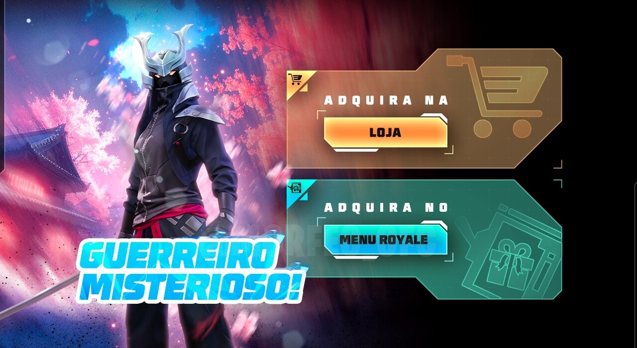 Imagem promocional do novo Token Royale no Free Fire. Destaca o conjunto 'Guerreiro Misterioso', com um personagem usando uma