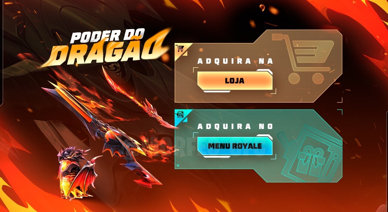 A imagem destaca o novo Token Royale no Free Fire, onde os jogadores podem obter a skin de arma AC80 Dragão Rubro. A skin ap