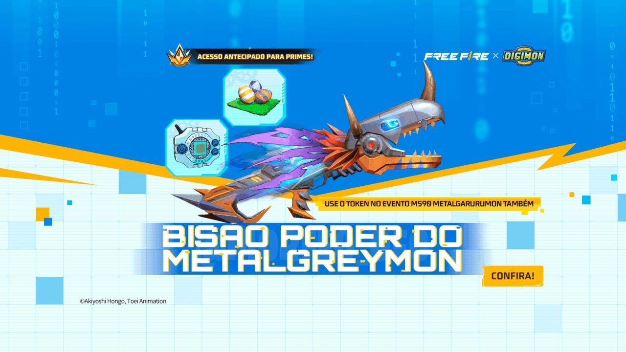 Imagem promocional do novo Token Royale no Free Fire, destacando como obter a skin de arma 'Bisão Poder do MetalGreymon' e a