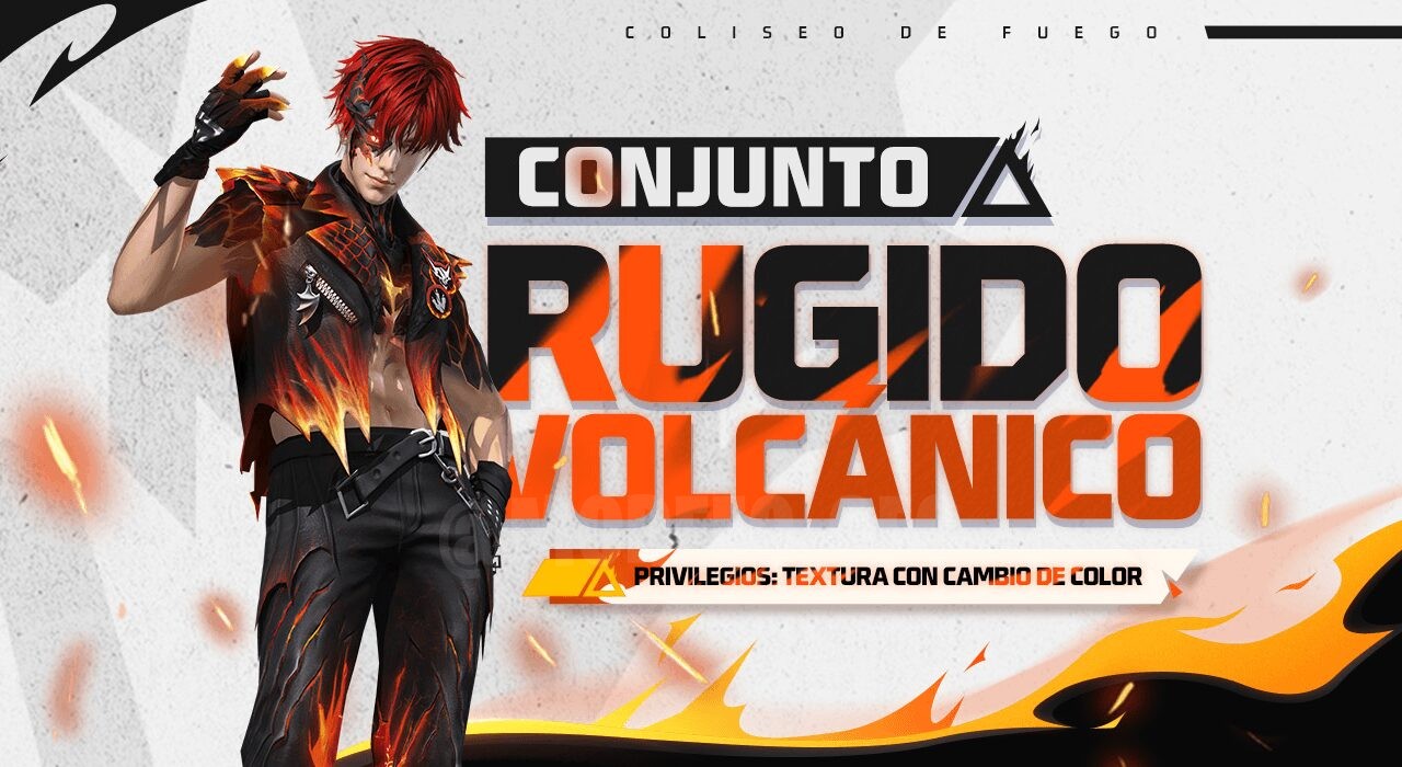 Imagem promocional da nova roleta de tokens em Free Fire, destacando dois conjuntos exclusivos: o Conjunto Rugido Vulcânico
