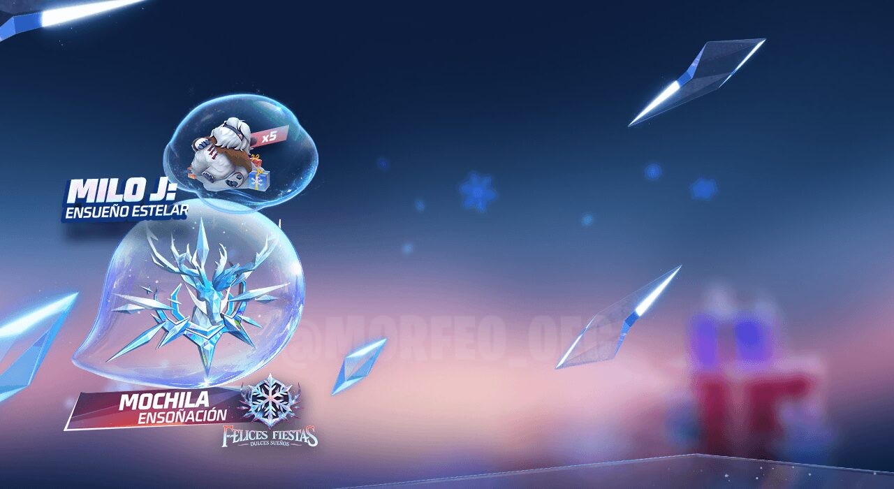 Imagem do novo evento 'Fiesta Musical' em Free Fire, onde os jogadores podem adquirir a mochila 'Dream Reverie'. A mochila é