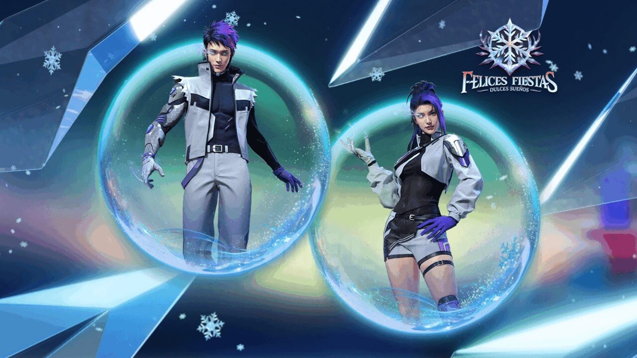 A Free Fire character in the Cyber Operator Bundle, showing off a futuristic design in combat pose with neon lights and the Mystery Shop interface in the background.