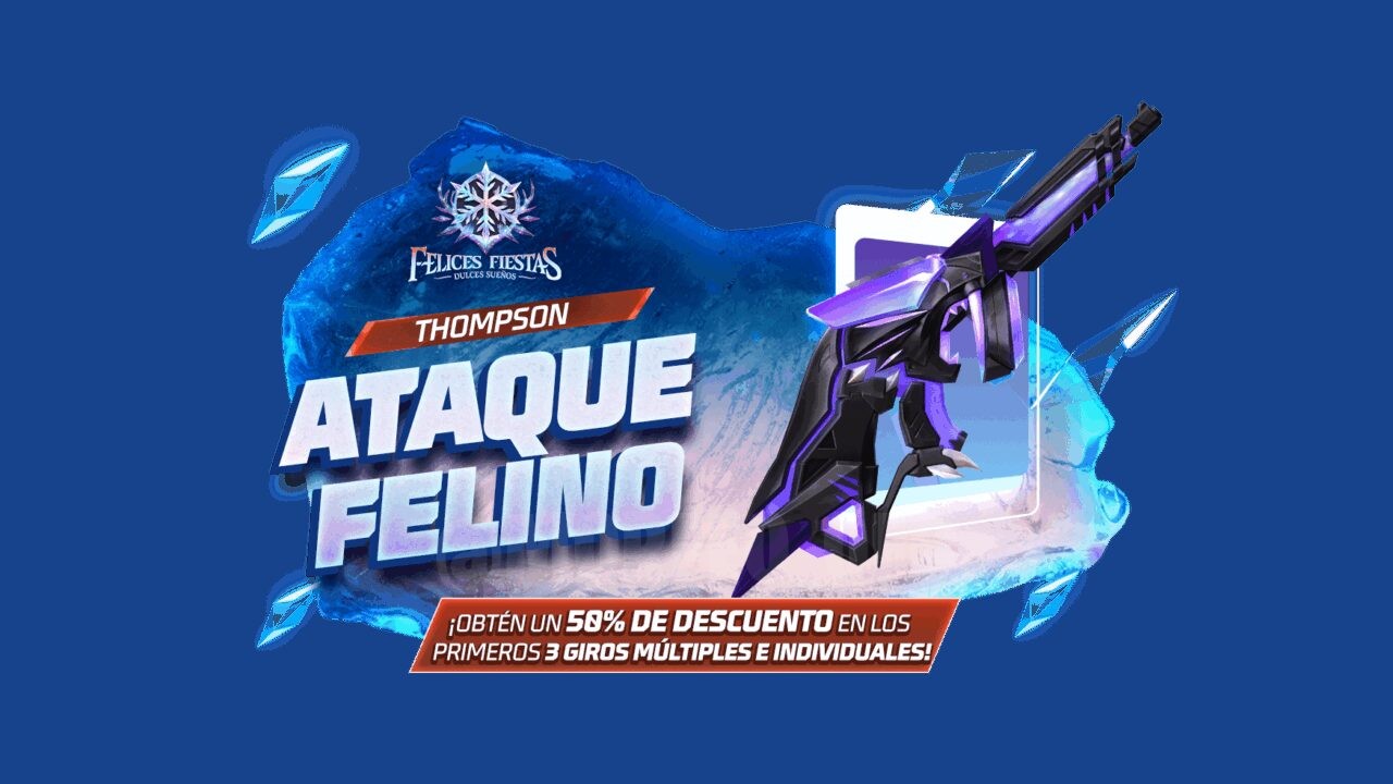 Imagem promocional do evento de anel no Free Fire, destacando duas skins exclusivas para a arma Thompson: a 'Galactic Panther