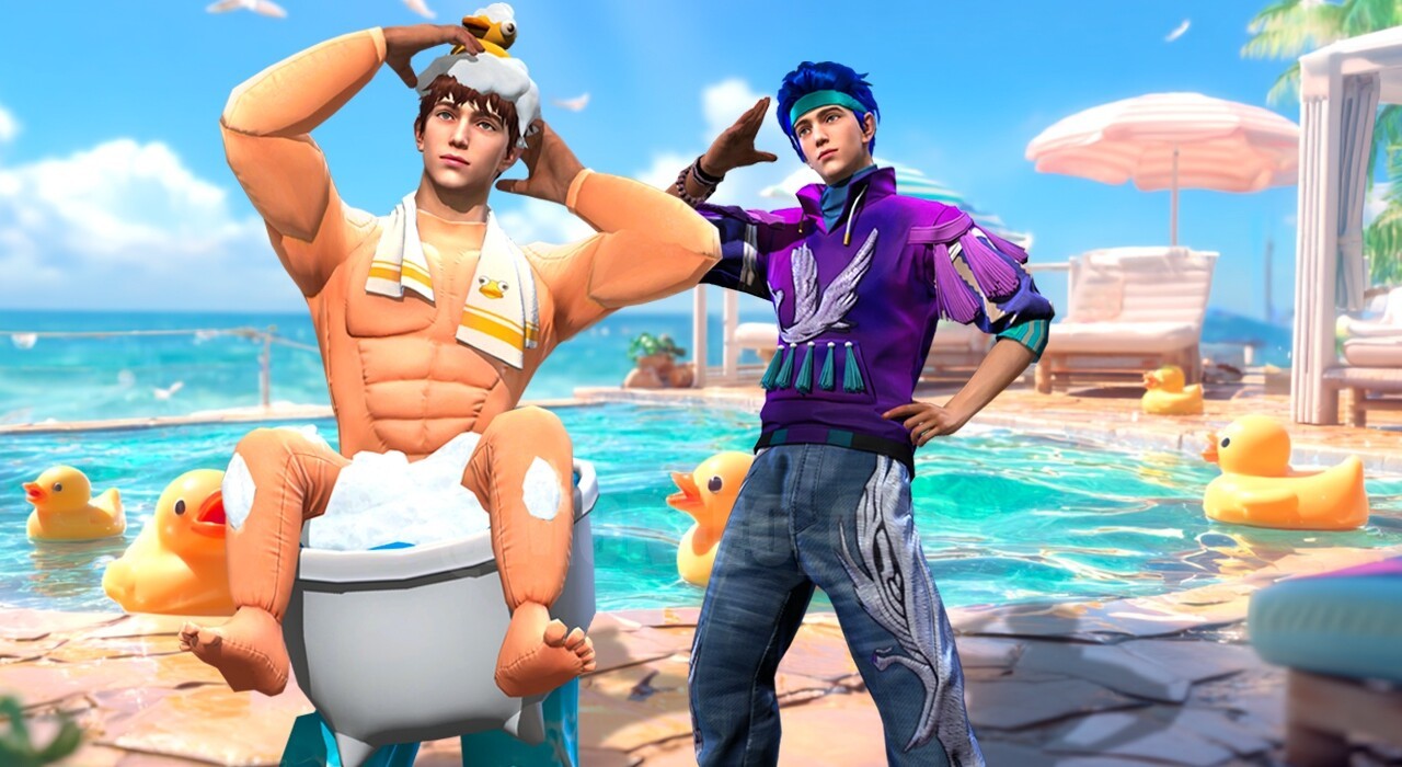 Segunda imagem da nova loja misteriosa em Free Fire, focando em outro ângulo do conjunto 'Impacto do Cisne'. Aqui, o personagem exibe a parte traseira do traje, com uma capa que imita as asas de um cisne, adornada com padrões delicados.