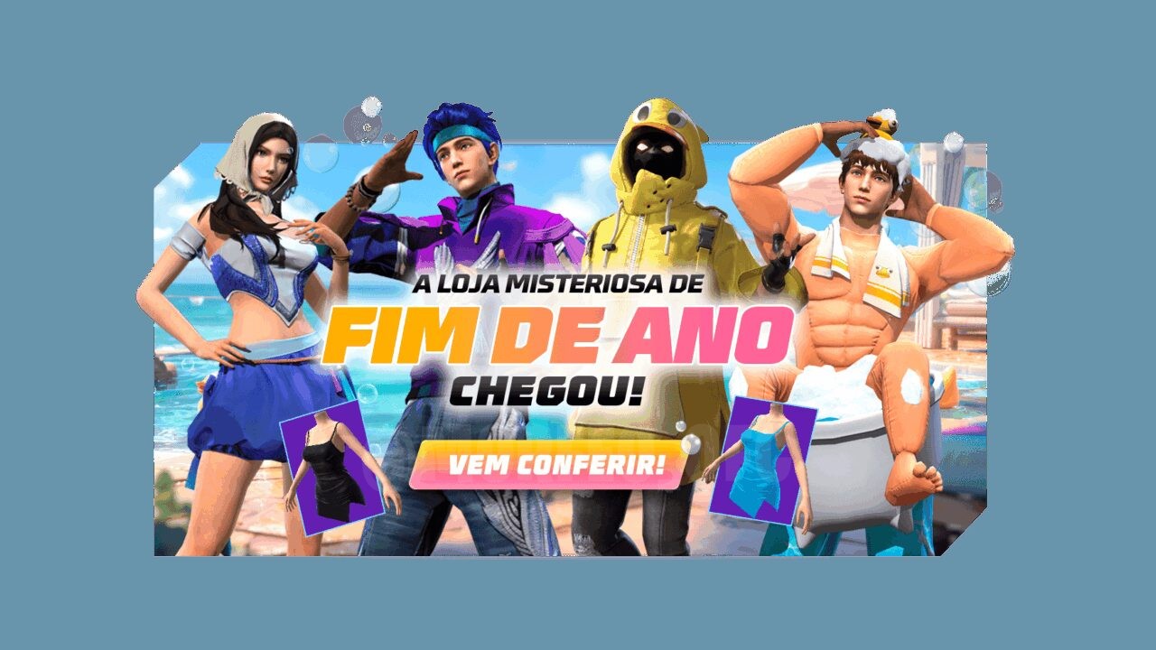 Imagem promocional da nova loja misteriosa em Free Fire, destacando o conjunto 'Impacto do Cisne'. O personagem está equipad