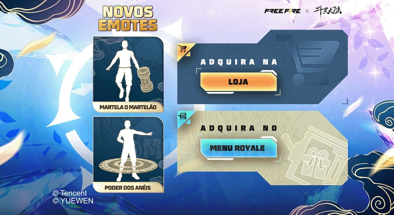 Imagem promocional do evento 'Novo Arco do Destino' no Free Fire, destacando como obter o emote 'Martela o Martelão' e o emo