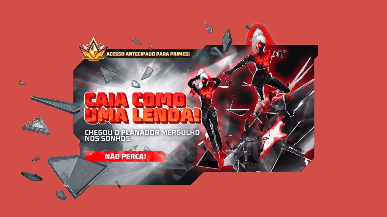 Imagem promocional do novo Escolha Royale no Free Fire, destacando duas pranchas de planador exclusivas: 'Mergulho nos Sonhos