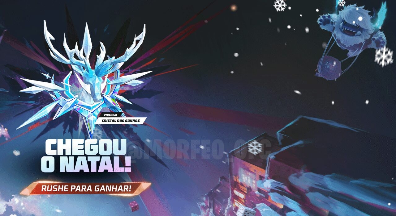 A imagem promove o evento de Natal no Free Fire, destacando a 'Mochila Cristal dos Sonhos' como prêmio. O fundo é um cenár