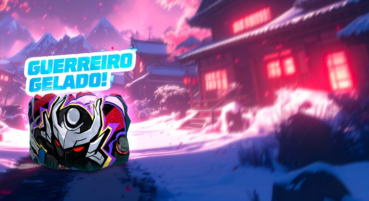 Imagem promocional do evento 'Guerreiro Gelado' no Free Fire. No centro, um personagem misterioso coberto por uma armadura de