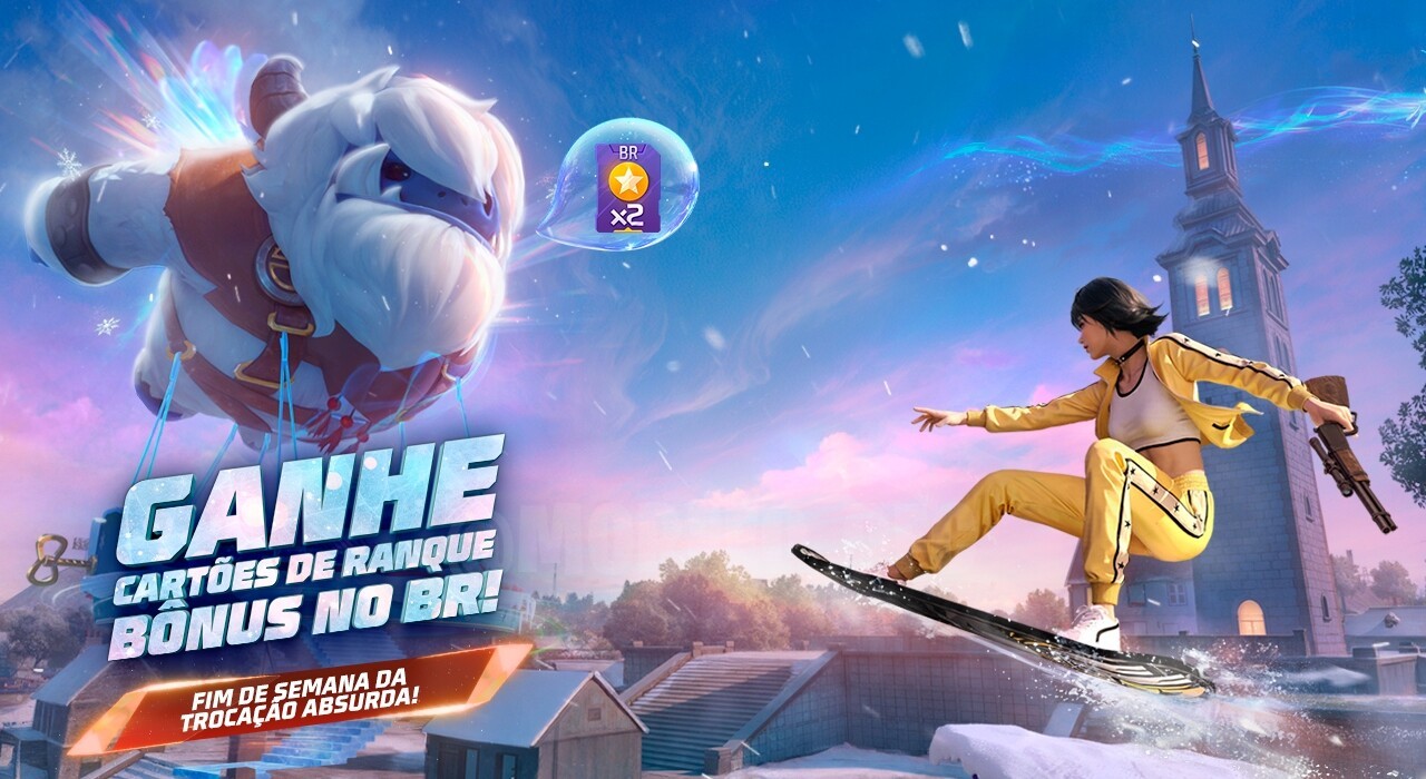 Imagem promocional do evento 'Mais Presentes' no Free Fire. O cartão destacado na imagem oferece a vantagem de ganhar 2x pon