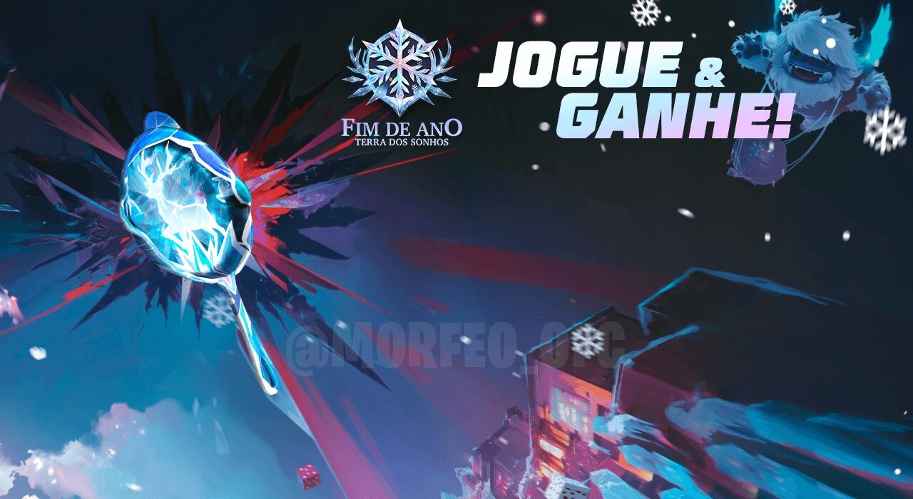 Imagem promocional do novo evento 'Terra dos Sonhos' em Free Fire. No centro, destaca-se uma skin de arma exclusiva chamada '