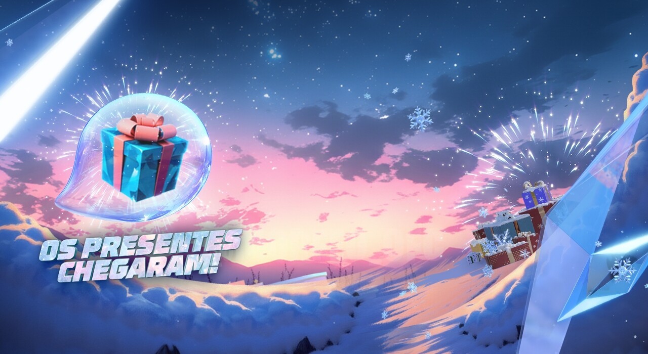 Imagem promocional do novo evento 'Os Presentes Chegaram' no Free Fire. No centro, destaca-se um cartão de reforço brilhant