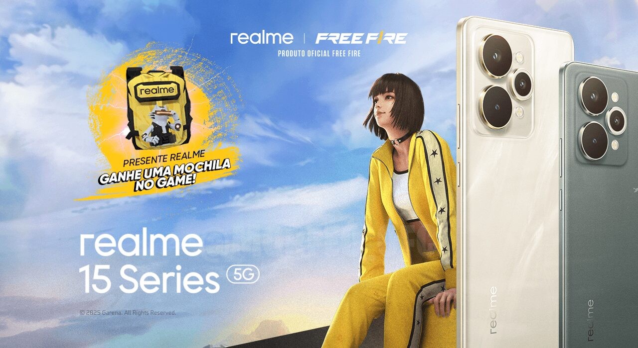 Imagem promocional do evento especial entre Realme e Free Fire. No centro, destaca-se uma mochila estilizada com o logo da Re