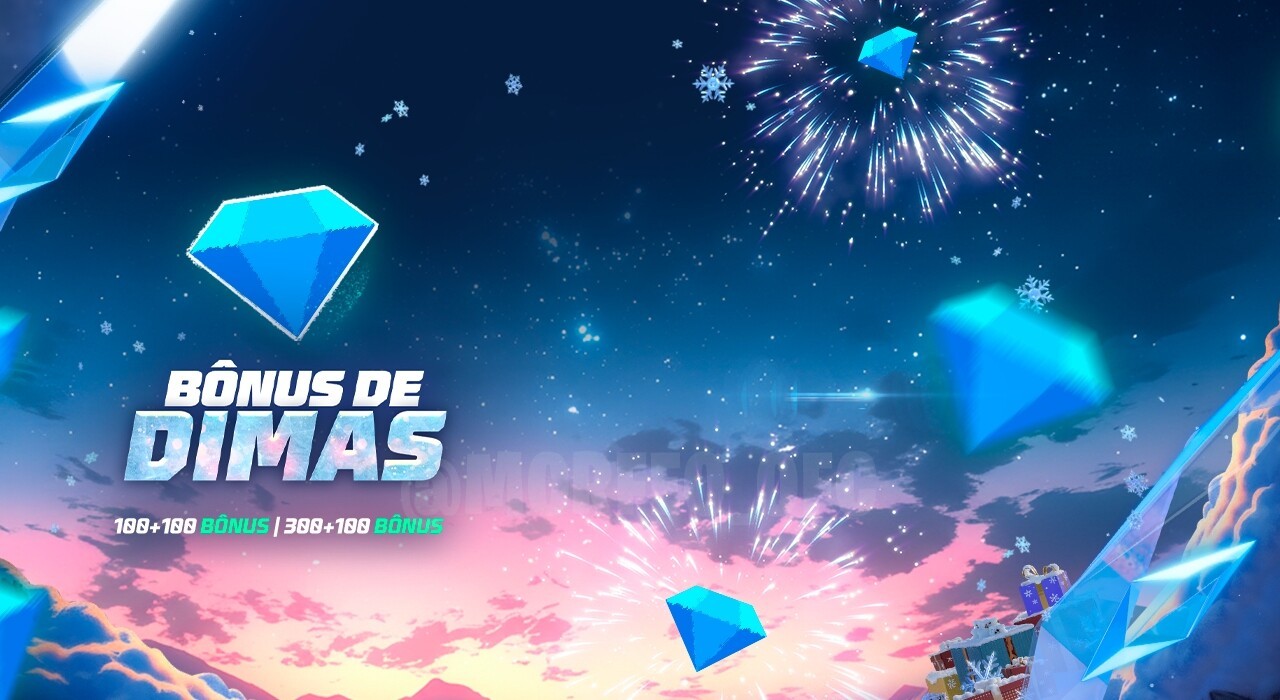 Imagem promocional do novo evento de recarga de diamantes em Free Fire. No centro, destaca-se o personagem Dimas, com uma exp
