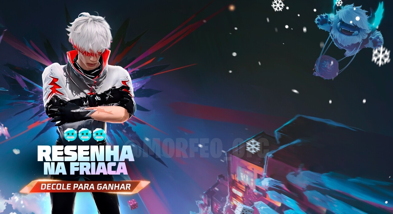 Imagem promocional do evento 'Resenha na Friaca' de Free Fire, onde é possível ganhar o emote 'Que Friaca'. A imagem mostra