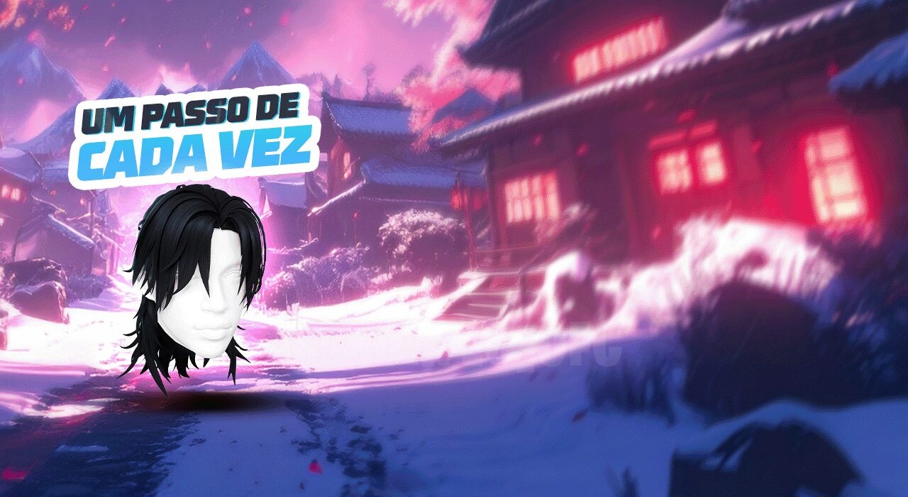 Imagem do novo evento 'Um Passo de Cada Vez' no Free Fire, destacando o prêmio principal, o estilo Lobo. A imagem mostra um