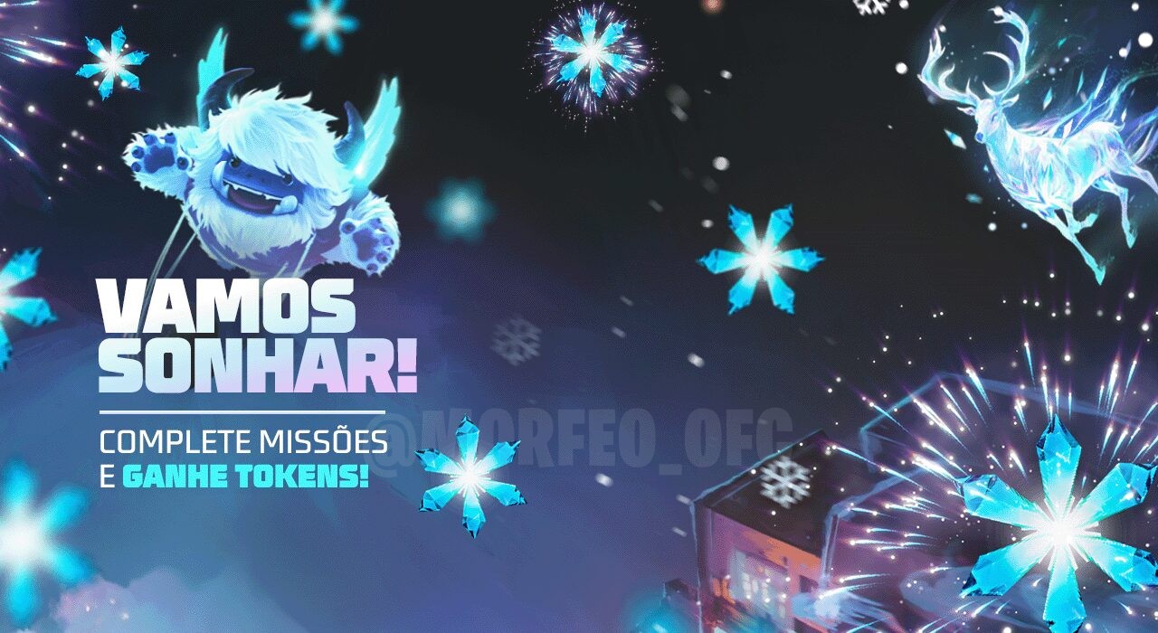 Imagem promocional do novo evento 'Vamos Sonhar' no Free Fire. A imagem destaca um personagem em um cenário onírico, com co