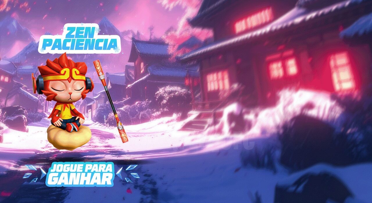 Imagem promocional do evento 'Zen Paciência' no Free Fire. No centro, destaca-se uma skin de arma exclusiva, o Bastão Arma