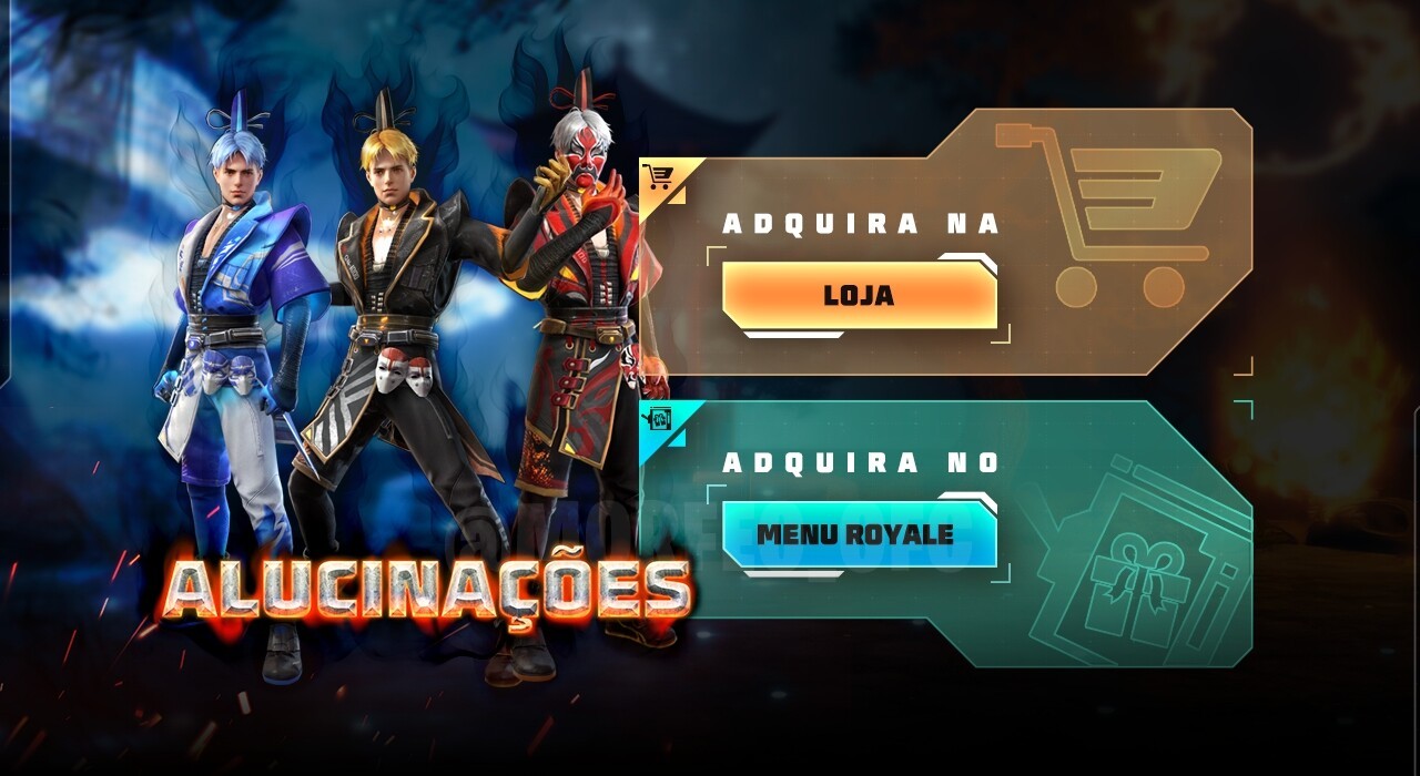 Imagem promocional do novo Token Royale no Free Fire, destacando os conjuntos 'Delírio Noturno' e 'Ilusão Noturna'. O fundo