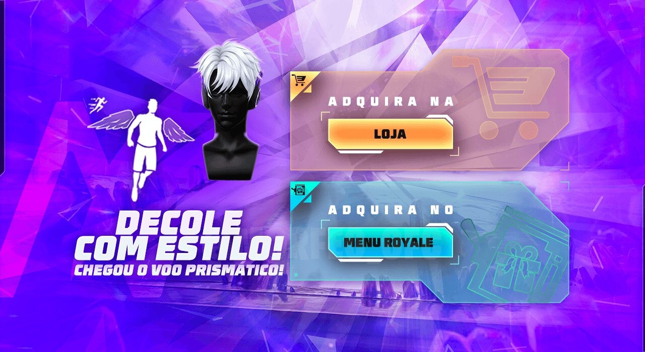 Imagem do novo Token Royale no Free Fire, destacando itens exclusivos que os jogadores podem adquirir. No centro, há um emot