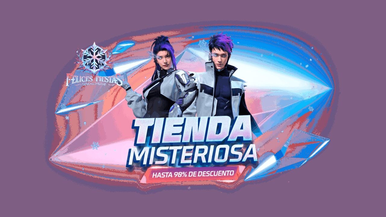 Imagem da nova loja misteriosa em Free Fire, destacando o conjunto Nova Cibernética. A personagem Nova está vestida com uma