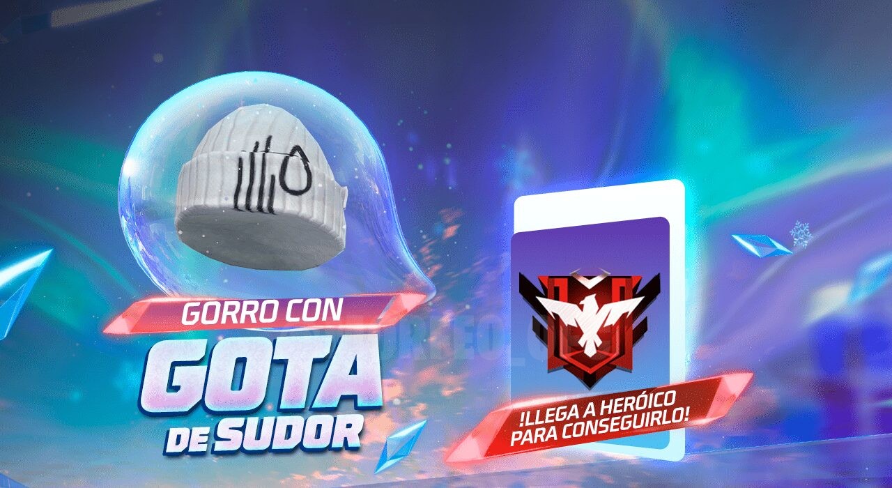 Imagem promocional de Free Fire destacando o novo evento Heroico. No centro, um personagem exibe um gorro estilizado com uma