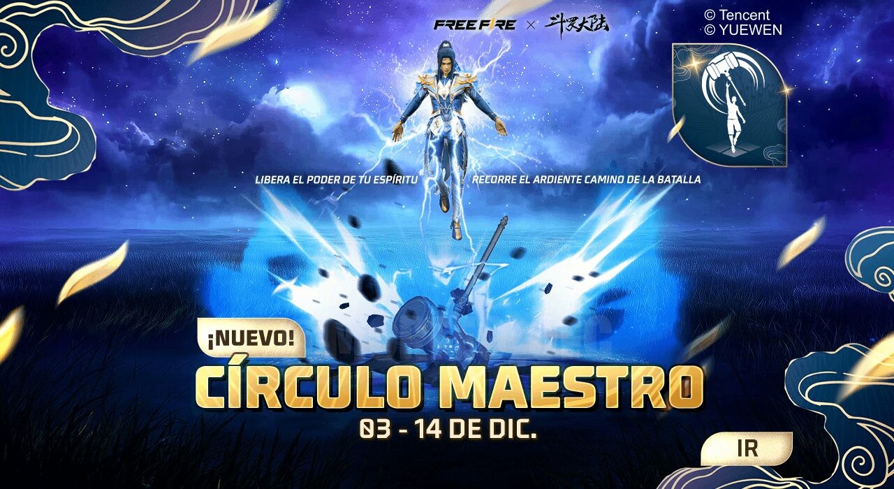 Na imagem, vemos um cenário nevado de Free Fire, com personagens em trajes de inverno. Ao centro, destaca-se um grande ícon