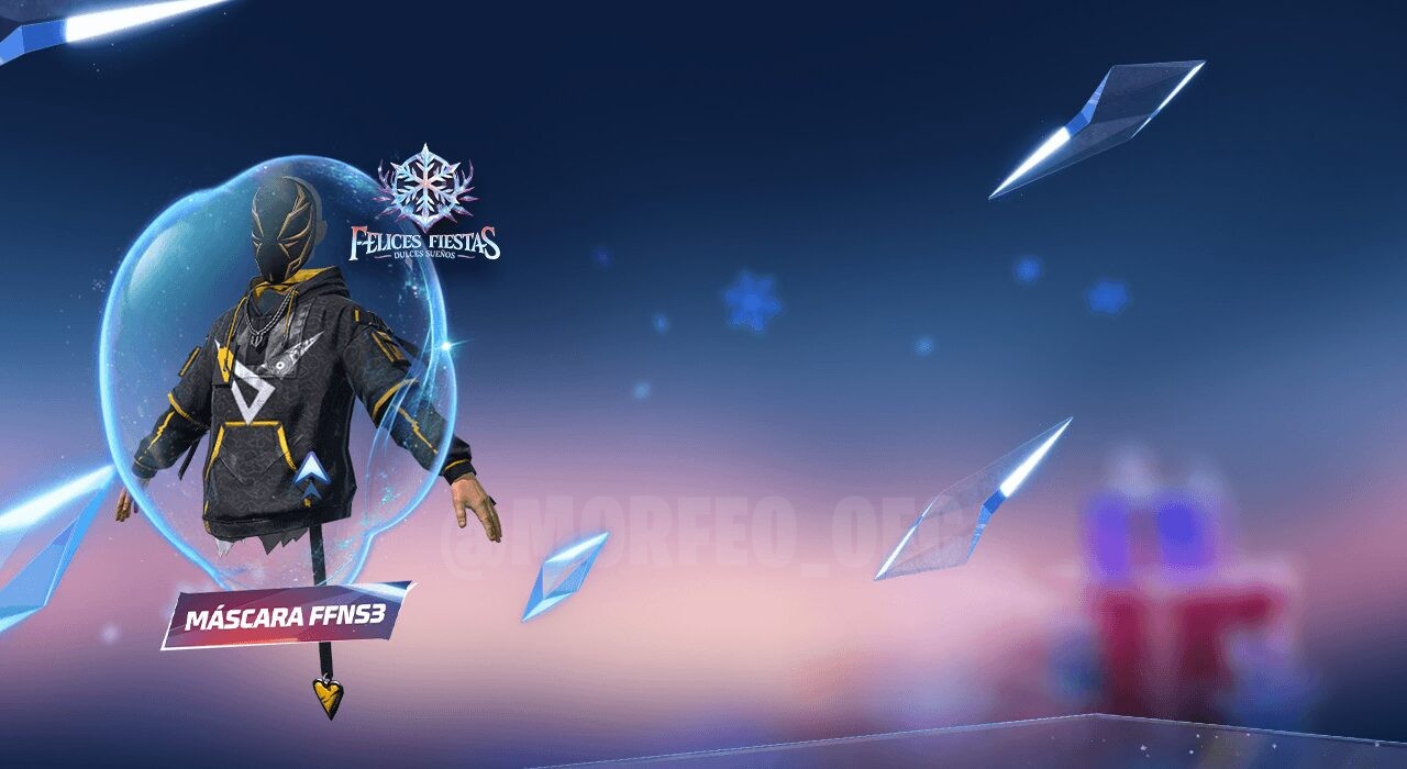 Imagem promocional do evento 'Pase Insano 2025' de Free Fire, destacando uma máscara exclusiva do FFNS3. A máscara é exibi