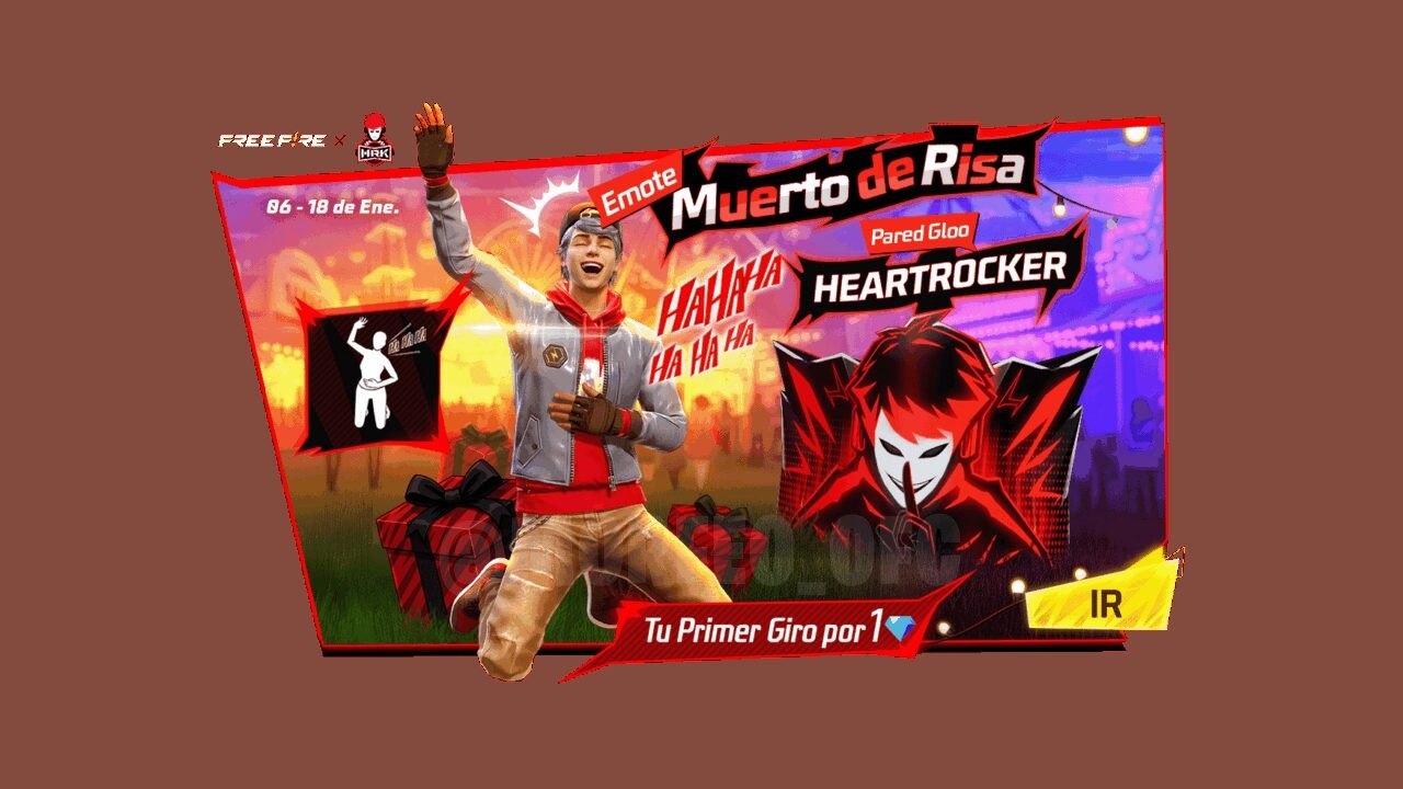 Esta imagem do Free Fire apresenta a nova roda da sorte 'Faded Wheel', destacando recompensas exclusivas como o emote 'Huge F